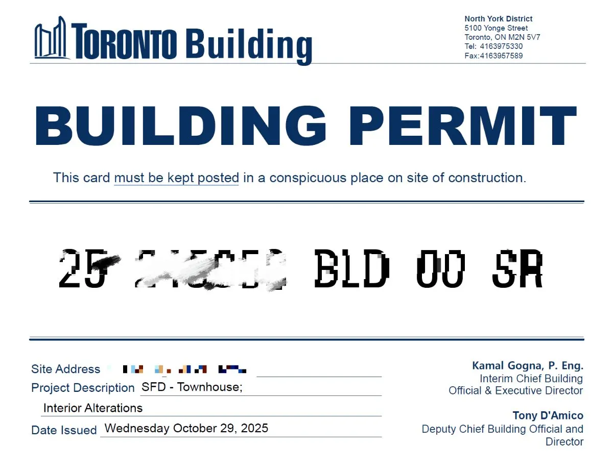 A City of Toronto building permit card